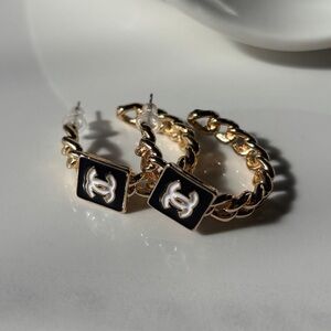 CHANEL Gold Chain Hoop Earrings with Black and White Logo Squares